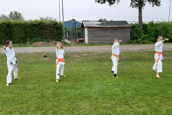 Kinderen doen buiten aan karate 